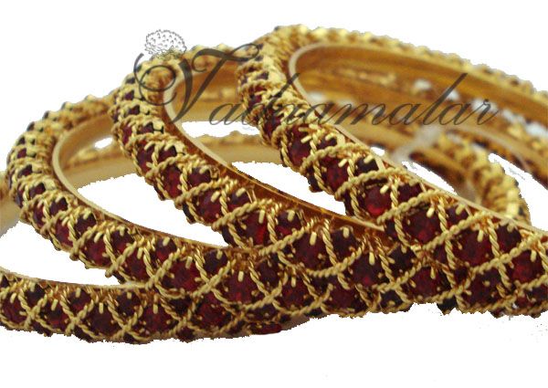 4 Bangles Red  Stones Saree Sarees Bangle Bracelets Oranaments 