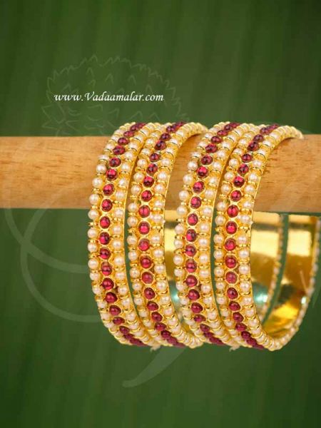 4 Red Kemp Stones Bharatanatyam Kuchipudi Oranaments Bangles Bracelets