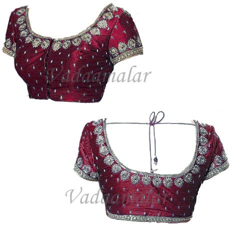 Burgendy Maroon Gold Designer Silk Brocade Saree Sari Blouse Choli  Ready to wear