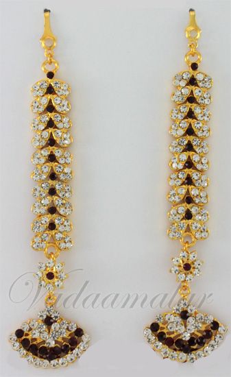 Bharatanatyam Earrings Jumkis Jhumkas with long mattal Ear chain in red and white stones 