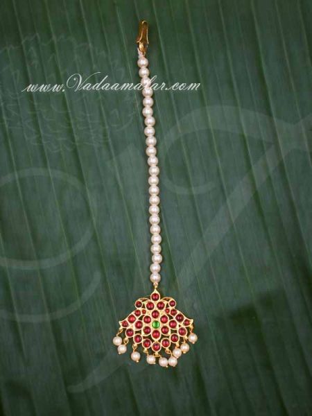 Pearl String Fan Kemp Indian Jewellery head Ornament Maang tikka Papidi Billa