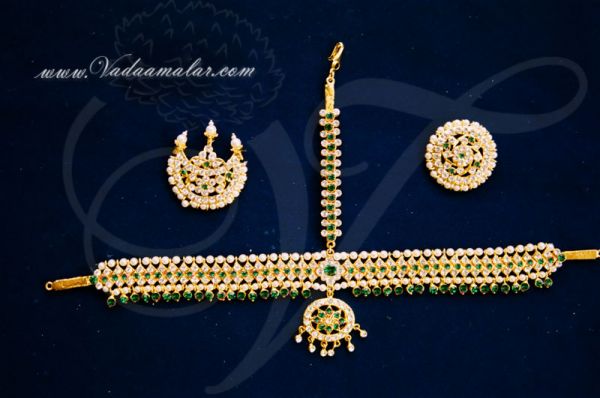 Green White stone pearls head set jewellery Bharatanatyam with sun moon