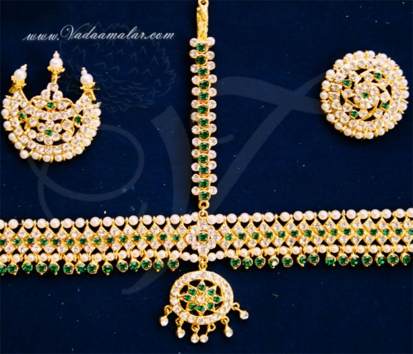 Green White stone pearls head set jewellery Bharatanatyam with sun moon