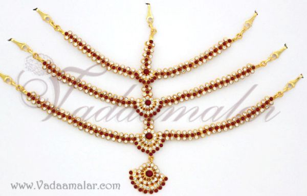 White and Maroon Color Stone Maang Tikka Hair jewellery set Indian Bridal ornament
