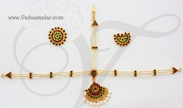 Bharatanatyam Head Set Temple Jewelry Mang Tikka Chutti Pearls and kemp Stones
