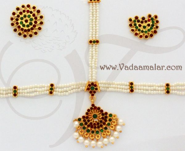 Bharatanatyam Head Set Temple Jewelry Mang Tikka Chutti Pearls and kemp Stones