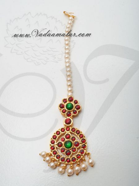 Red and Green Kemp Stone Tikka Chutti Bharatanatyam Bridal Ornaments Jewellery