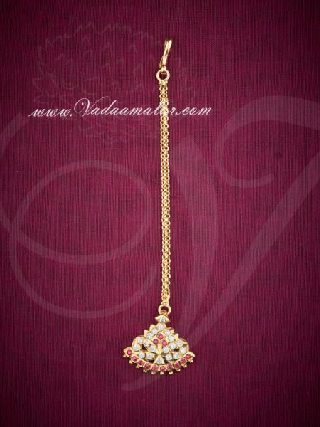 Gold Plated White and Pink Color Stones Maang Tikka