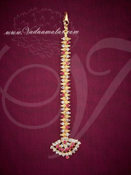White and Pink Color Stones Maang Tikka