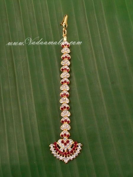 White and Maroon Color Stones Maang Tikka