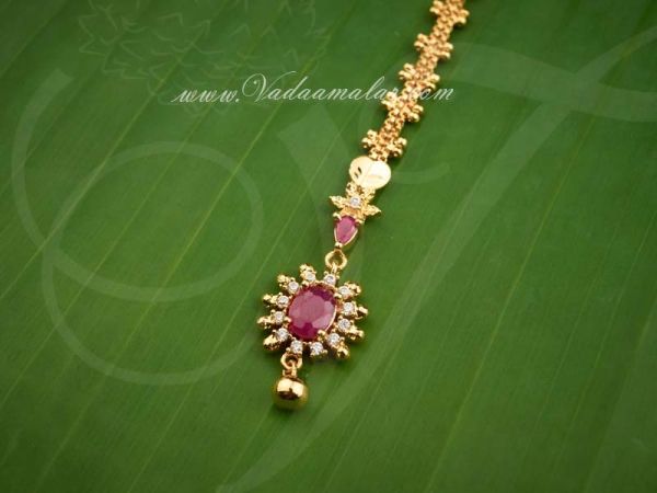 Gold Plated AD and Ruby Stones Pendant Tikka