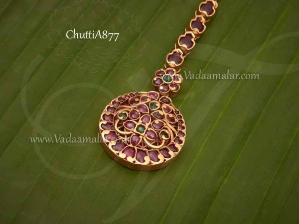 Maang Tikka flower Design Ruby Emerald Stones Chutti 3.5 inches