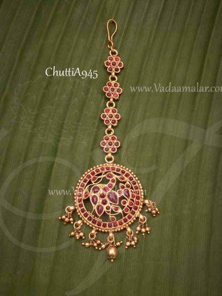 Maang Tikka Flower Design Ruby Emerald Stones Chutti 5.5 inches