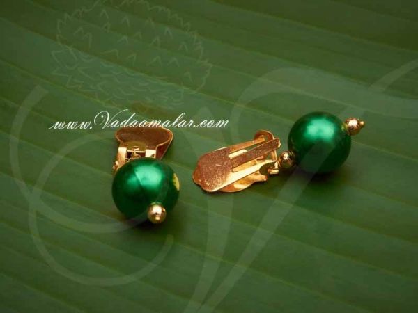 India Fancy Dress Earrings ClipOn Green and Gold Ear Hangings