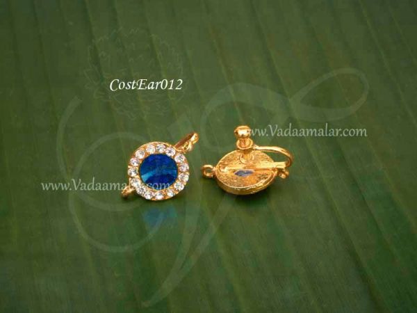 India Fancy Dress Blue Earrings Clip On Imitation Gold Ear Hangings