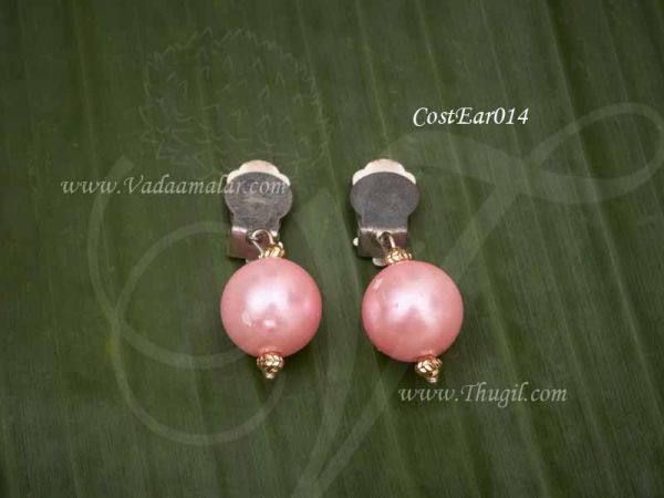 India Fancy Dress Earrings ClipOn Pink Color Ear Hangings - 2 inches