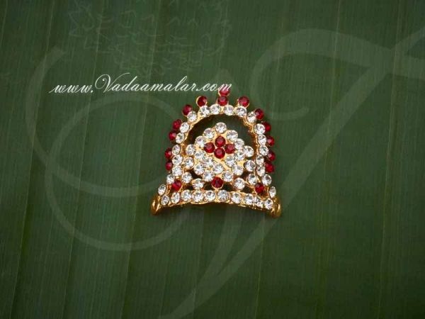 0.9 inch White and Maroon Small Size Hindu Deity Crown Mukut Kreedam Head Ornaments