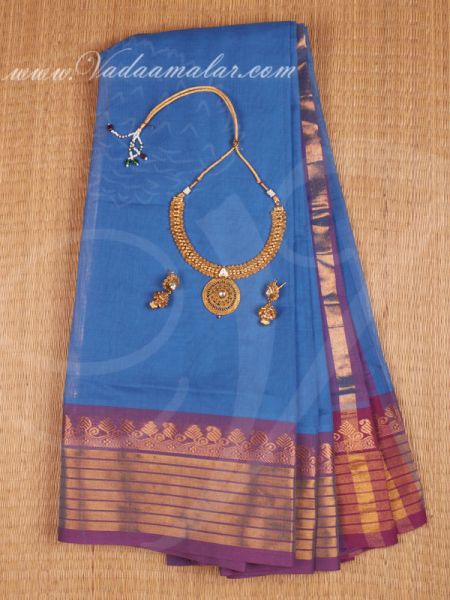 Traditional Pure Cotton Saree Blue Buy Online