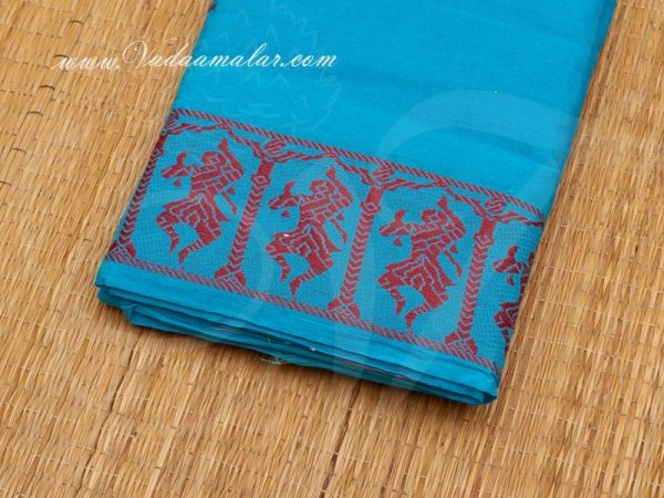 Bright Blue with Red Border Kuchipudi Dance Practice Saree Pure Cotton Fabric 