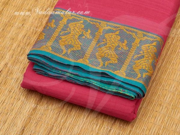 Pink with Blue Border Kuchipudi Dance Practice Saree Pure Cotton Fabric 