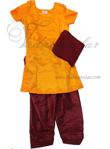 Yellow with Maroon Kuchipudi Bharatanatyam Dance Practice Learning Salwar Kameez Costume - 26 Size