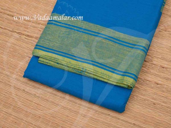 Bright Blue with Light Green Border Kuchipudi Dance Practice Saree Pure Cotton Fabric 