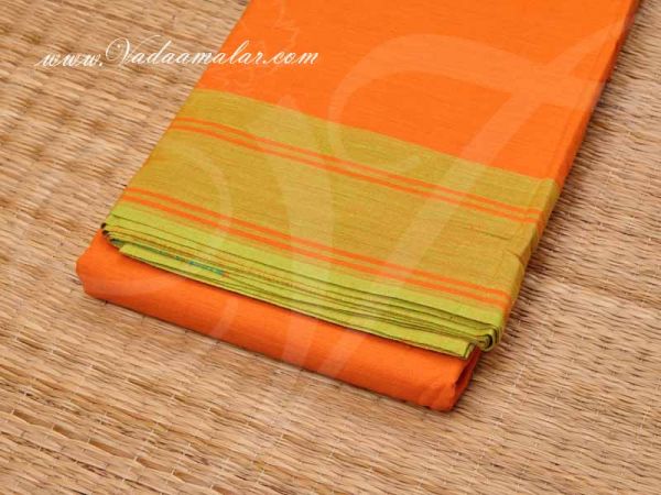 6 Meters Bright Orange with Green Border Kuchipudi Dance Practice Saree Pure Cotton Fabric 