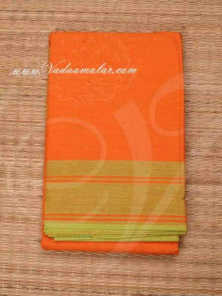 6 Meters Bright Orange with Green Border Kuchipudi Dance Practice Saree Pure Cotton Fabric 