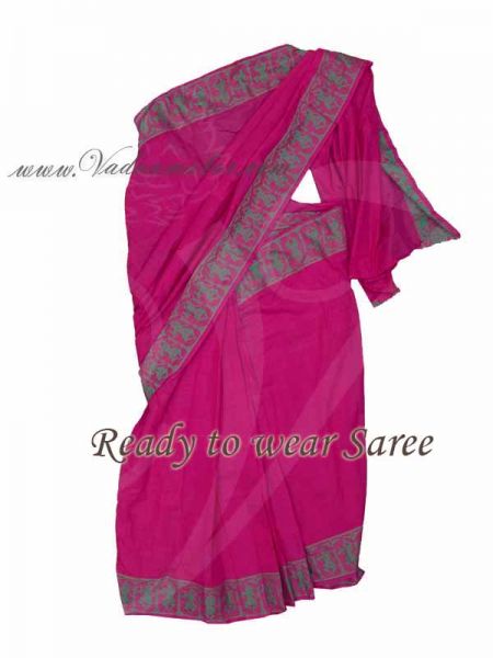 6 meter Red with Green Border Kuchipudi Dance Practice Saree Pure Cotton Fabric 