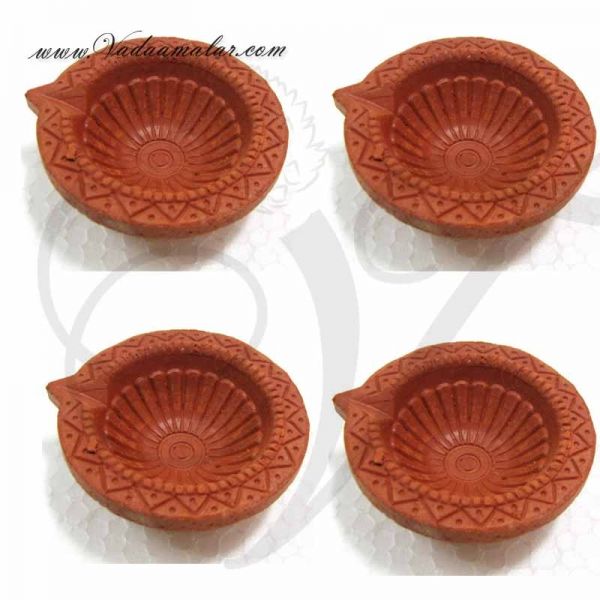 4 Elegant Traditional Indian India Baked Clay Diyas Oil Lamps Light Deepam