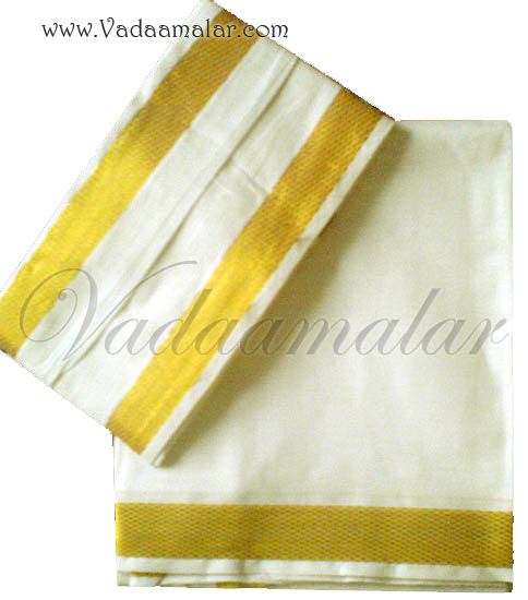 Traditional Indian Cream Half-White Cotton Dothi Dhoti & Ankavastaram Set with gold border