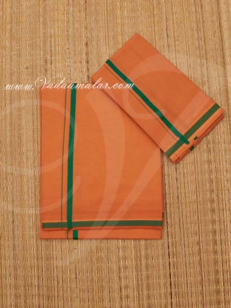 2 Meters Cotton Brindle Kavi Veshti and Towel Set Saffron (Kaavi) Dhoti Buy Now
