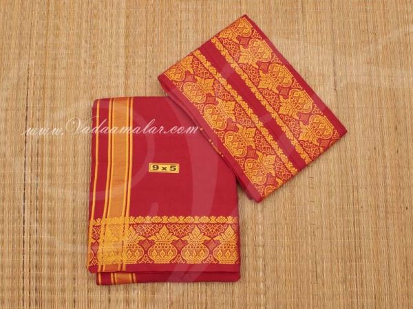 6.2 meters/ 9 x 5  yards Hindu Puja Red Colour Dothi Dhoti Vesti and Towel Set