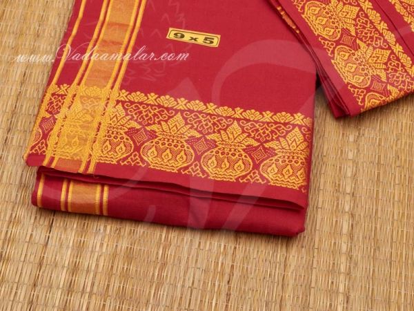 6.2 meters/ 9 x 5  yards Hindu Puja Red Colour Dothi Dhoti Vesti and Towel Set