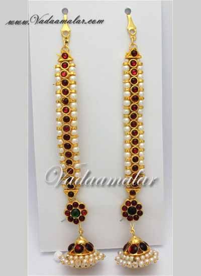Earrings Jhumki Jhumkas in red kempu and pearl with ear chain