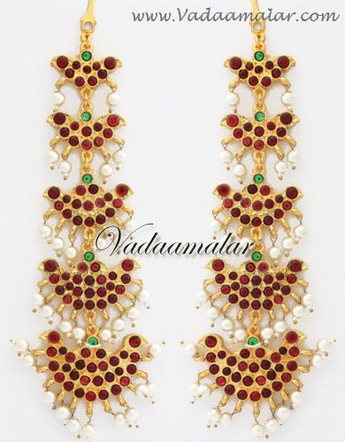 Traditional Temple Jewelry Kemp Stones Kathak Design Long Earrings with extension