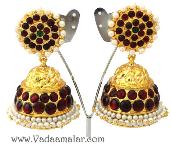 Elegant Red Kemp stones imitation temple jewelery Earrings bharatanatyam Indian Pearl stud jhumkis Jhumkas