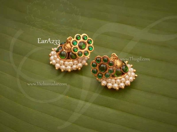 Green Kemp Stones and pearl Jhumkis Jhumka Traditional South India Earrings 