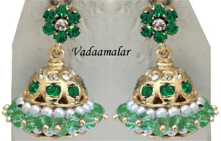 Green stone & beads Earrings Traditional Jhumkis Jhumka Bollywood - Medium size