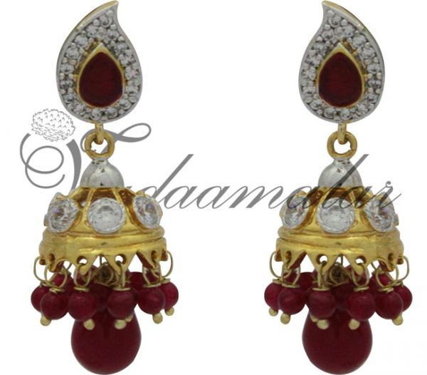 Buy cute jhumki online with white & red stones India jhumkas ear hangings 