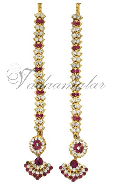 Earrings Jhumkas with long mattal Ear extension chain in pink and white stones 