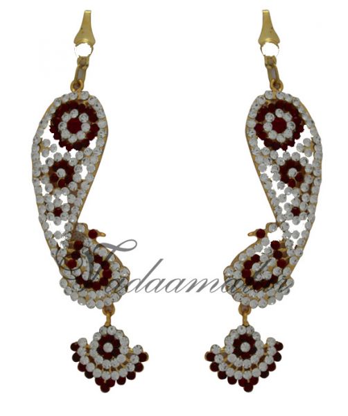 Peacock Jhumkas with long mattal Ear extension chain in maroon and white stones 