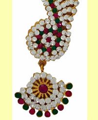 Peacock Jhumkas with long mattal Ear extension chain in green,maroon and white stones 