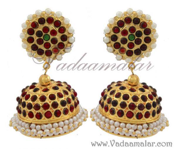Traditional ear ornaments for sarees Temple jewelry Kemp and Pearl large ear stud jhumkis