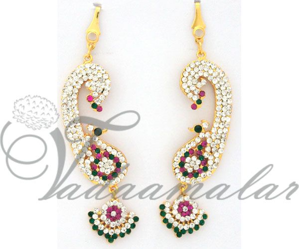 Multi Color Stones Peacock Jhumkas with long mattal Ear extension In Multi stones 