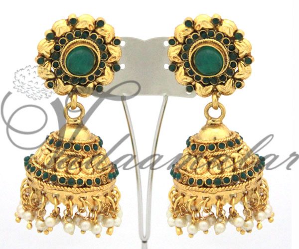Green Color Stones Jhumkis Jhumka Traditional Ethnic Earrings Ear studs