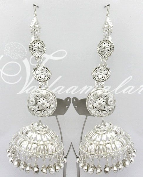 Large white metal earring with ear extension jewellery India Odissi Tribal Dance Ornaments