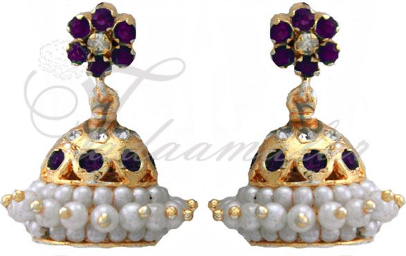 Jhumka earrings ethnic purple and white stone pearl jhumkis jhumkas 