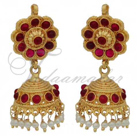 Jhumka Earrings With Red Stones Traditional Indian Micro Gold plated Jhumki Jumki Ear studs