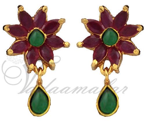Flower design ruby & emerald stones jewelry earring buy traditional Indian ear stud